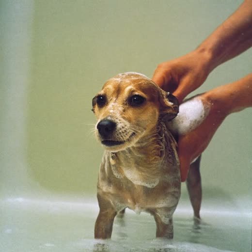 A small dog being bathed and lathered